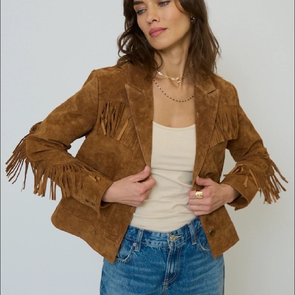 Central Park West Jackets & Blazers - Central Park West Fringe Suede Jacket - Cognac Brown